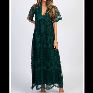 SMALL Emerald Green Lace Mesh Overlay Maxi Dress
